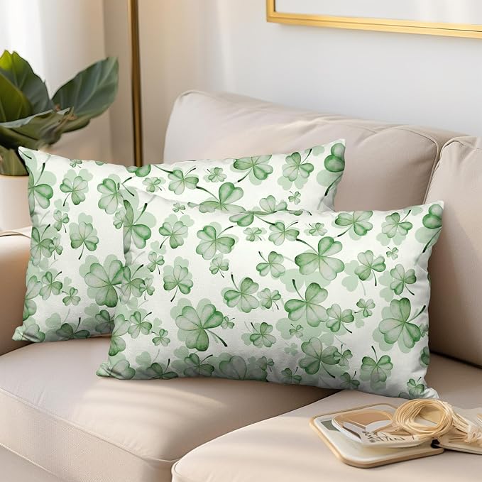 Spring Summer Green Flower Clover Lumbar Pillow Cases St Patricks Pillow Covers 12x20 Set of 2 Lucky Charm Throw Pillow Covers St Patricks Home Decor for Couch Bed Sofa