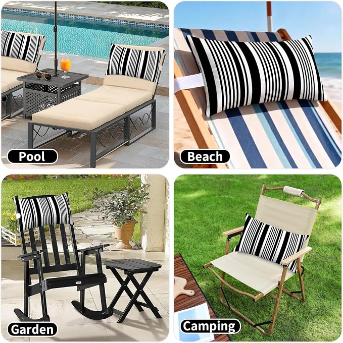 Outdoor Pillows for Lounge Chair Head Resting 2 Pack Waterproof | Headrest Lumbar Pillows with Adjustable Strap for Recliner Beach Pool Lounger Chair, Black White