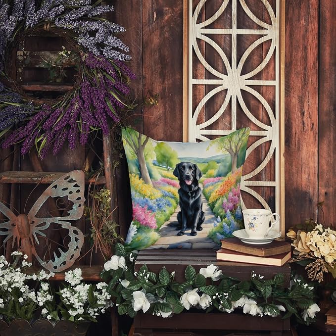 Caroline's Treasures Flat-Coated Retriever Spring Path Throw Pillow Machine Washable, Indoor Outdoor Decorative Pillow for Couch, Bed or Patio, 18Hx18W