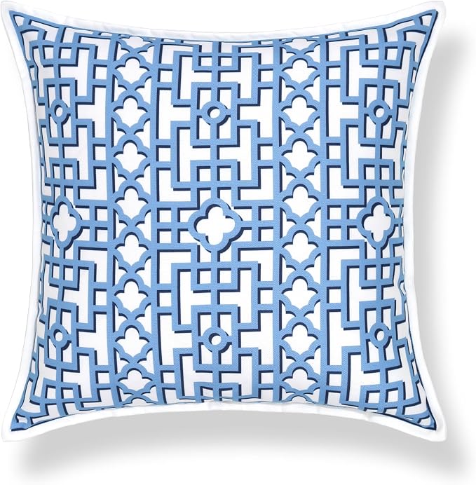 Hofdeco Premium Coastal Hampton Patio Indoor Outdoor Throw Pillow Cover Only, 20"x20" Water Repellent for Backyard, Couch, Poolside, Azure Blue Print Fretwork Trellised Screen