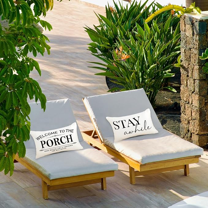 Welcome to Our Porch Stay Awhile Waterproof Outdoor Pillow Covers 12x20 Set of 2 Farmhouse Patio Furniture Decorations for Outside Garden Decor
