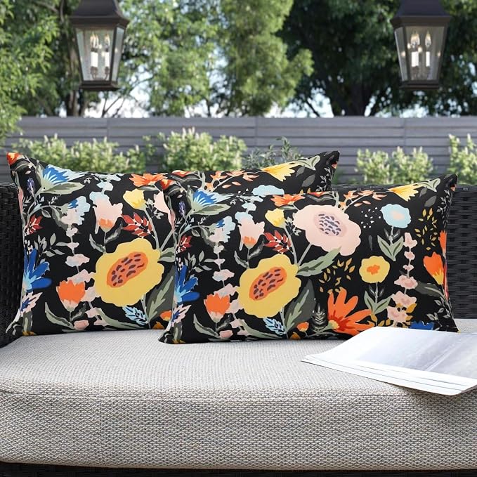Pack of 2 Waterproof Outdoor Throw Pillows Cover 12x20 Inch Colorful Floral Decorative Farmhouse Rectangle Pillowcases Outdoor Lumbar Pillows for Patio Furniture Garden,Black Flower