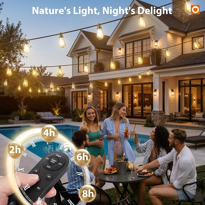 addlon 102FT(96FT+6) Solar String Lights Outdoor Waterproof with USB Port & Remote Control Solar Patio Lights for Outside Solar Powered with 52 LED Dimmable Bulbs for Porch Garden Deck Halloween | Waterproof, Shatterproof, Spaced 2FT, USB Charging, Rem...