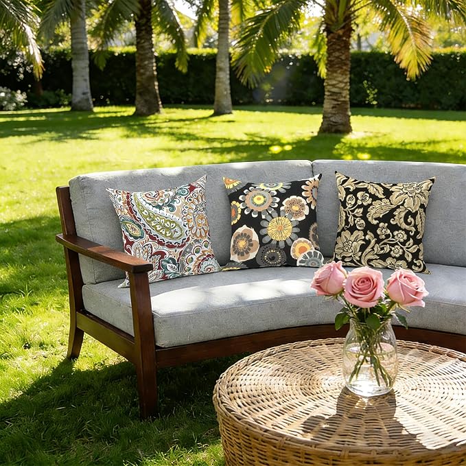 Outdoor Pillow Covers 16x16 Inch Set of 2 Waterproof Decorative Throw Pillow Covers Patio Pillow Cases for Patio Furniture Garden Couch Farmhouse,Jacobean Black
