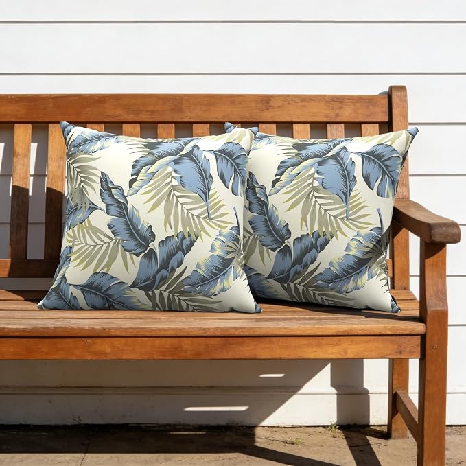 Outdoor Pillow Covers Waterproof 20x20 Inch Set of 2 Lush Palm Blue Decorative Outside Patio Furniture Cushion Cases Decor for Porch Garden