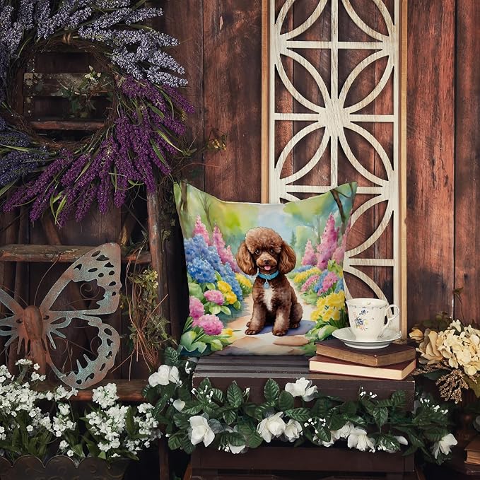 Caroline's Treasures Chocolate Poodle Spring Path Throw Pillow Machine Washable, Indoor Outdoor Decorative Pillow for Couch, Bed or Patio, 18Hx18W