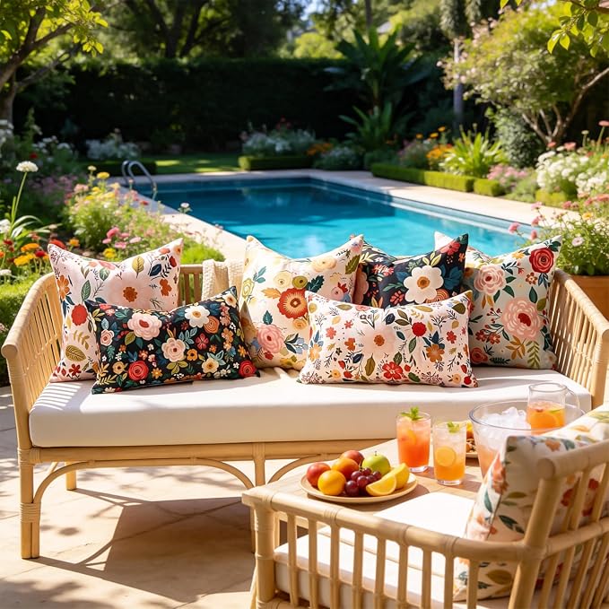 Outdoor Waterproof Floral Pillow Covers Summer Decorative Throw Pillow Covers 20x20 Inch Square Garden Cushion Sham Pillowcase Set of 2 Outside Decor for Patio Tent Garden Sofa Accent Pillow Cases