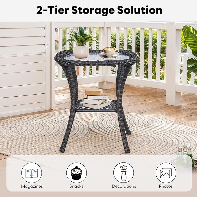 Belord Outdoor Furniture Set Patio Wicker Chairs, 3 Peices Porch Rattan Furniture with Side Table, Deep Seating Patio Bistro Chair Sets (Blue Cushion)