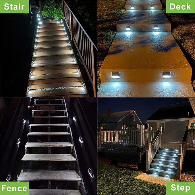 XLUX White Solar Lights for Deck Step Fence Post, SST Housing, 6 Pack | white non-glare LED lamp, sturdy stainless steel casing, for deck, step, fence, pathway, Rainproof, Automatic ON/OFF