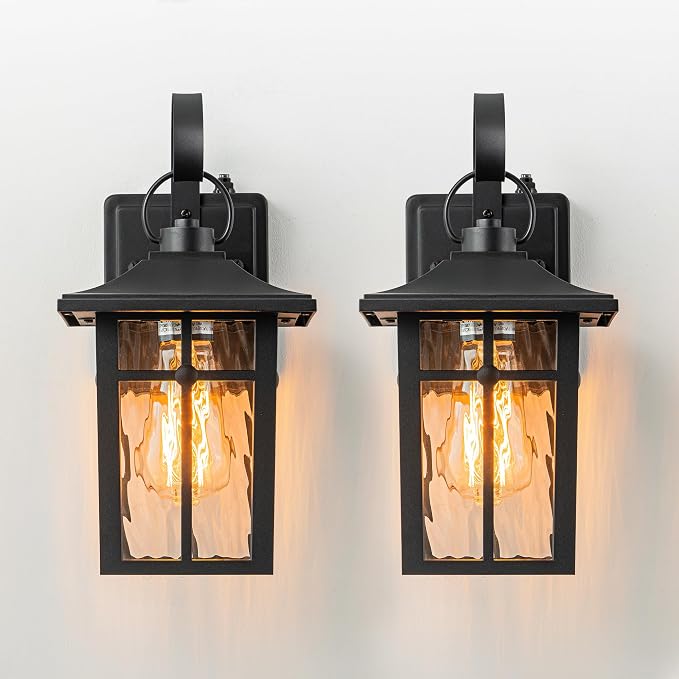 2 Pack Dusk to Dawn Outdoor Wall Lights, Black | Aluminum Exterior Light Fixtures Wall Mount, Ripple Glass, Waterproof Porch Lights, For Entryway, Garage, Patio