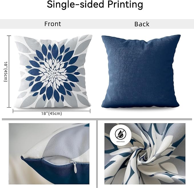 Pack of 4 Outdoor Waterproof Pillow Covers 18x18 Decorative Outdoor Throw Pillows Garden Square Cases for Patio Furniture, Couch, Tent Sunbrella, Bench, Blue Grey