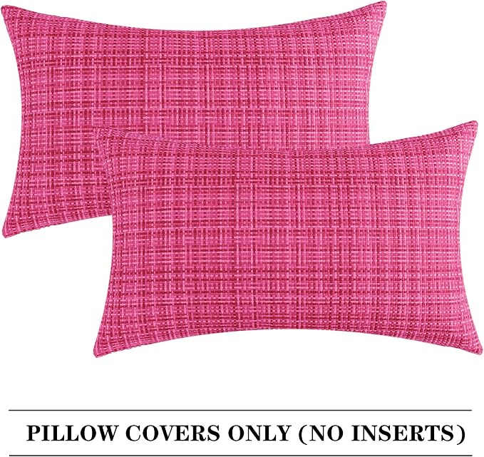 Kevin Textile Outdoor Waterproof 12"x24" Pillow Covers 2 Pack, Hot Pink | Water Resistant, Faux Linen Yarn-dyed, Woven Texture Throw Pillow Covers for Tent Patio Garden Couch Sofa