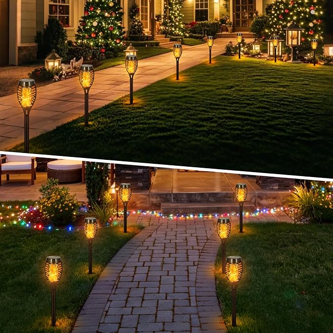 8 Pack Solar Lights Outdoor, Warm White Flickering Flame Torches | Warm White Flickering Flame, Long Nighttime Glow, Auto-On at Dusk, IP65 Weather-Resistant, Tool-Free Ground Setup