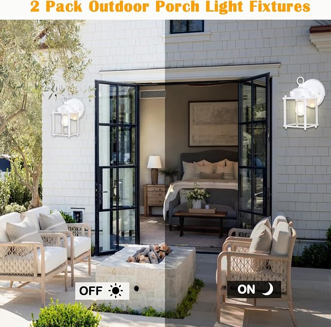Outdoor Wall Light, Porch Lamp, Rustproof Waterproof, White | Exterior Wall Sconce Fixture for House, Garage, Patio, Metal Housing with Glass, E26 Base, 4 Pack