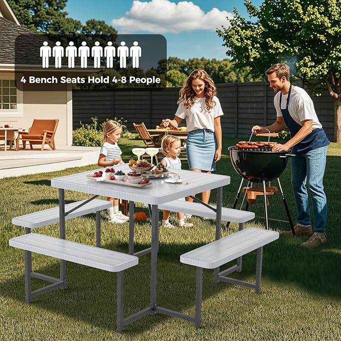 Byroce Outdoor Picnic Table for 4-8 Person, HDPE Picnic Camping Table Set with 4 Benches, Umbrella Hole & Metal Frame, Heavy Duty Square Dining Table Chairs for BBQ in Patio, Yard & Poolside (Gray)
