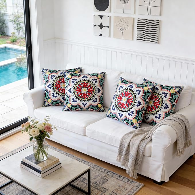 Volans 18" x 18" Outdoor Throw Pillows with Inserts Pack of 4, Waterproof Square Toss Pillows for Backyard, Bed, Couch, and Patio Furniture, Colorful Mandala