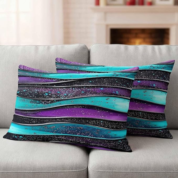 JasmineM Outdoor Pillow Cover 12x20 Inches Set of 2 Abstract Purple Teal Wave Waterproof Throw Pillow Covers Modern Black Strips Decorative Pillowcases Garden Cushion Case for Patio Couch Sofa