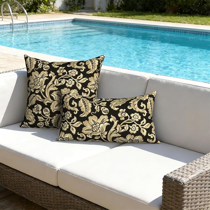 Outdoor Lumbar Pillows with Insert 12x20 Inch, Waterproof Throw Pillow for Patio Furniture, Decorative Lumbar Cushions for Garden Home Sofa Office Chair, Set of 2, Jacobean Black