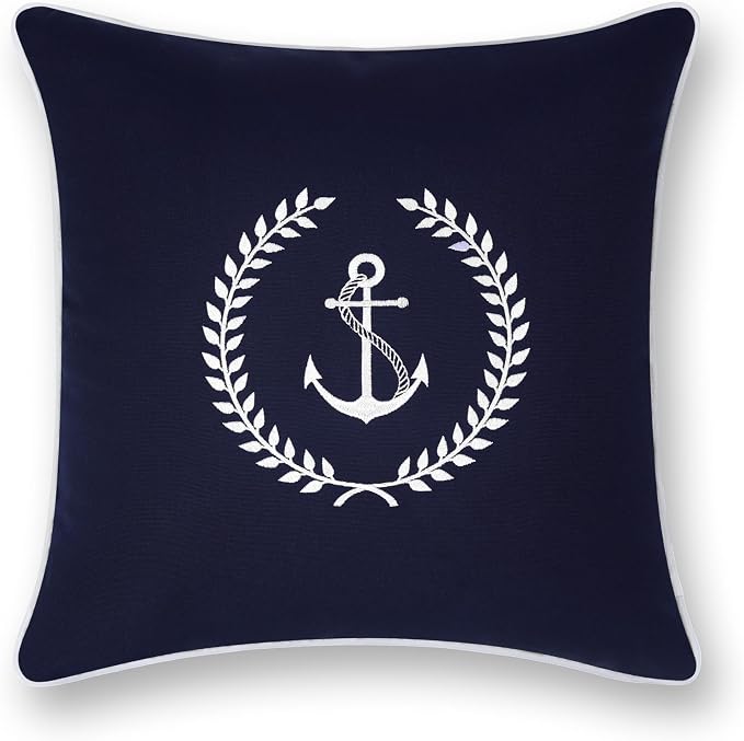 Hofdeco Premium Coastal Outdoor Performance Throw Pillow Cover Only, 18"x18" Water Repellent, UV and Fade Resistant for Backyard, Couch, Poolside, Navy Blue Embroidered Nautical Yacht Anchor