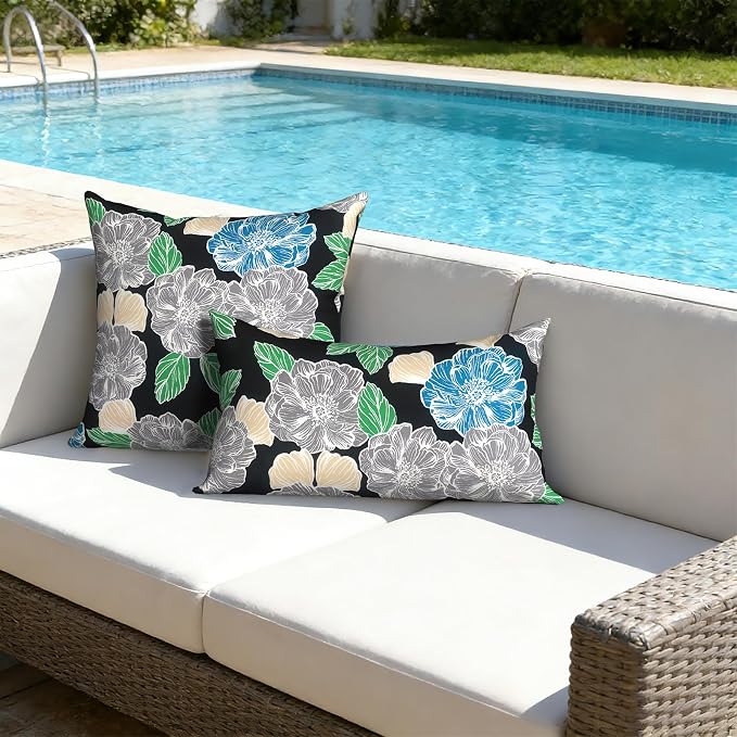 Outdoor Lumbar Pillows with Insert 12x20 Inch, Waterproof Throw Pillow for Patio Furniture, Decorative Lumbar Cushions for Garden Home Sofa Office Chair, Set of 2, Peony Garden