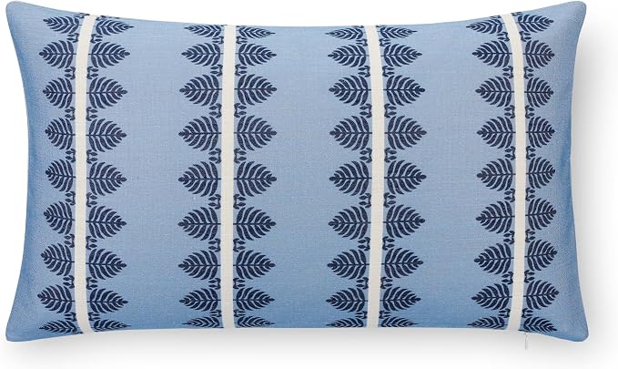 California Casual Coastal Indoor Outdoor Lumbar Pillow Cover, 12"x20" Water Repellent for Patio, Backyard, Couch, Poolside, Dark Navy Blue Print Leaves Stripes