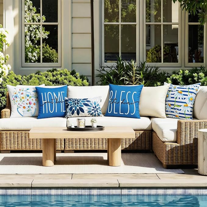 cygnus Spring Summer Waterproof Outdoor Pillow Covers 18x18 Inch Set of 4 Home Sweet Home Bless Daisy Striped Outdoor Pillows for Patio Furniture Garden Bench Proch Balcony,Blue