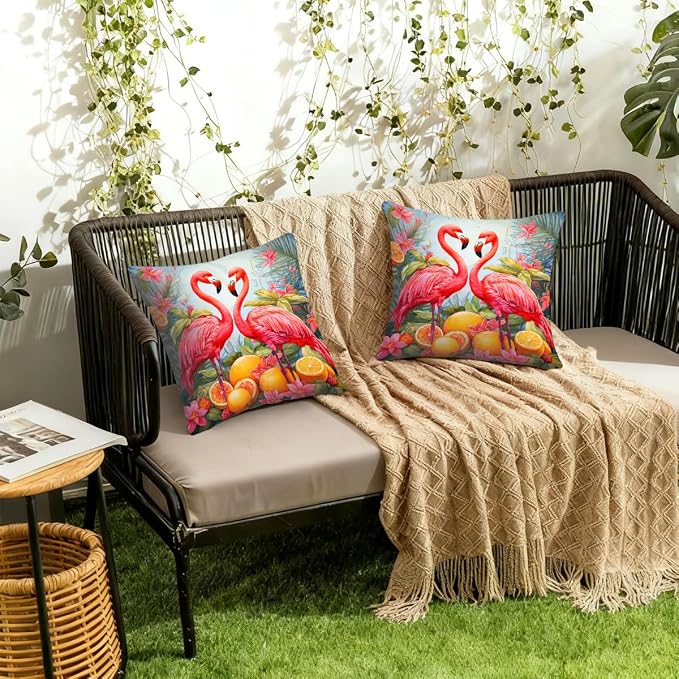 Flamingos Lemon Summer Fruit Outdoor Throw Pillow Covers 18x18 Inch Set of 2 Waterproof Decorative Square Pillowcases Cushion Cases for Patio Couch Garden Furniture Sofa