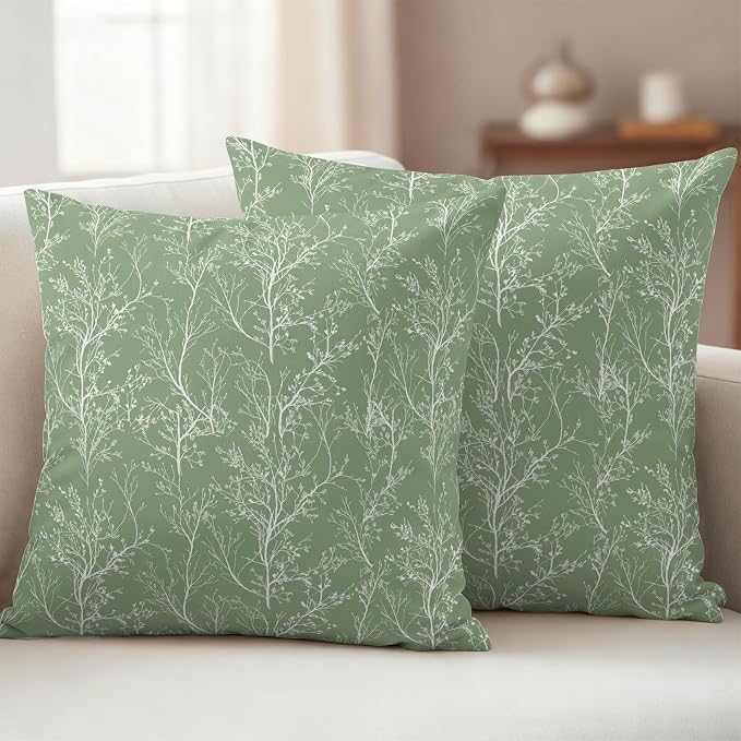Sage Green Branches Waterproof Outdoor Pillow Covers Set of 2 Home Decor, Abstract Art Leaves Plant Pillowcase Patio Pillow Covers for Couch Bench Patio Furniture Garden 26x26in