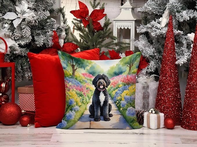 Caroline's Treasures Portuguese Water Dog Spring Path Throw Pillow Machine Washable, Indoor Outdoor Decorative Pillow for Couch, Bed or Patio, 14Hx14W