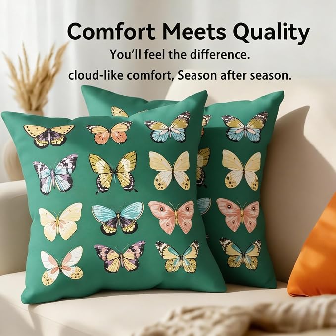 Outdoor Throw Pillows Waterproof Set of 4 18x18 Inches for Sofa, Couch, Bed & Patio Furniture | Green Butterfly Outdoor Pillows with Insert