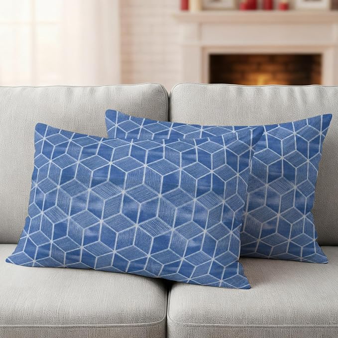 Blue Honeycomb Tiling Waterproof Outdoor Pillow Covers Set of 2 Home Decor, Wooden Grain Blocks Lumbar Pillowcase Patio Pillow Covers for Couch Bench Patio Furniture Garden 20x12in
