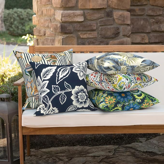 Outdoor 16x16 Inch Throw Pillow Covers Set of 2, Covers ONLY, All Weather Square Pillow Cases, Patio Cushion Pillow of Home Furniture Use, Elegant Vines Navy