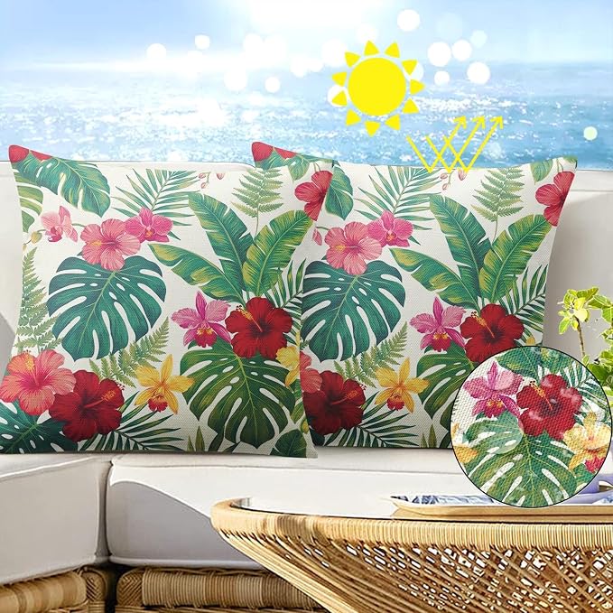 Throw Pillow Covers, Tropical Floral, 18 x 18 Inch, Set of 2 | Hawaiian Botanical Outdoor Waterproof Square Pillowcase Cushion Case Farmhouse Garden Decorative for Couch Beach Patio