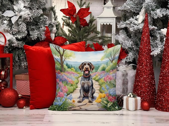 Caroline's Treasures German Wirehaired Pointer Spring Path Throw Pillow Machine Washable, Indoor Outdoor Decorative Pillow for Couch, Bed or Patio, 14Hx14W