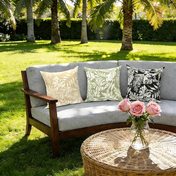 Outdoor Pillows with Insert 16x16 Inch, Waterproof Throw Pillow for Patio Furniture, Decorative Back Cushion for Garden Home Sofa Office Chair, Set of 2, Tropical Leaf Oat