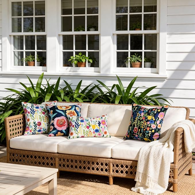 Outdoor Pillows Covers 12X20 Inch Pack of 2, Spring Floral Waterproof Throw Pillow Covers, White Printed Flower Decorative Square Pillowcases for Summer Patio Furniture Garden Balcony Porch