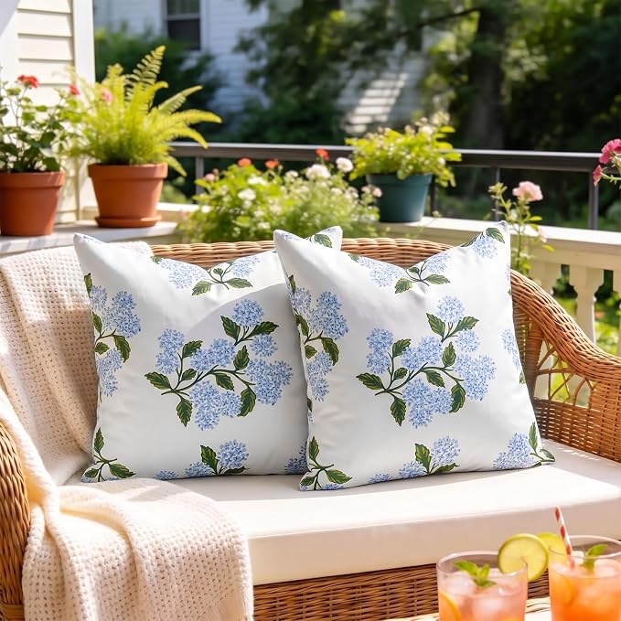 cygnus Waterproof Outdoor Pillow Covers 18x18 Inch Blue Green Hydrangea Floral Spring Summer Outdoor Pillows for Patio Furniture Garden Bench Home Decor