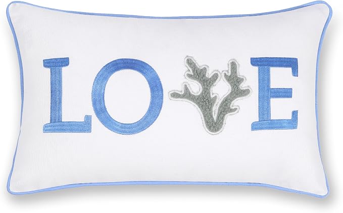 Hofdeco Premium Christams Coastal Patio Indoor Outdoor Lumbar Pillow Cover Only, 12"x20" Water Repellent for Backyard, Couch, Cornflower Blue Embroidered Love