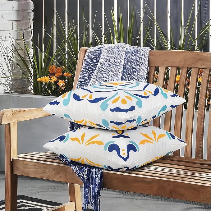 Merrycolor Summer Outdoor Waterproof Throw Pillow Covers 18x18Inch Set of 4 Boho Farmhouse Coastal Decorative Pillowcases Print Flowers Accent Cushion Covers for Couch Patio Swing and Garden Sofa