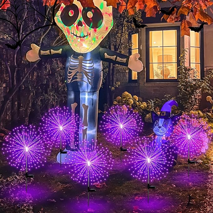 Tujoe 6 Pcs Halloween Solar Firework Stake Lights 180 LED 8 Modes Solar Waterproof LED Sparkler Lights Outdoor Decoration for Garden Patio Yard Pathway Walkway Lawn Xmas Decor (Purple)
