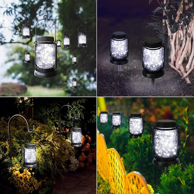 4 Pack Solar Mason Jar Hanging Lantern with Stakes, Cool White | Solar Fairy String Lights, Vintage Glass Lamp, Waterproof, Bright, for Indoor Outdoor Yard Patio Path Tree Xmas Decor