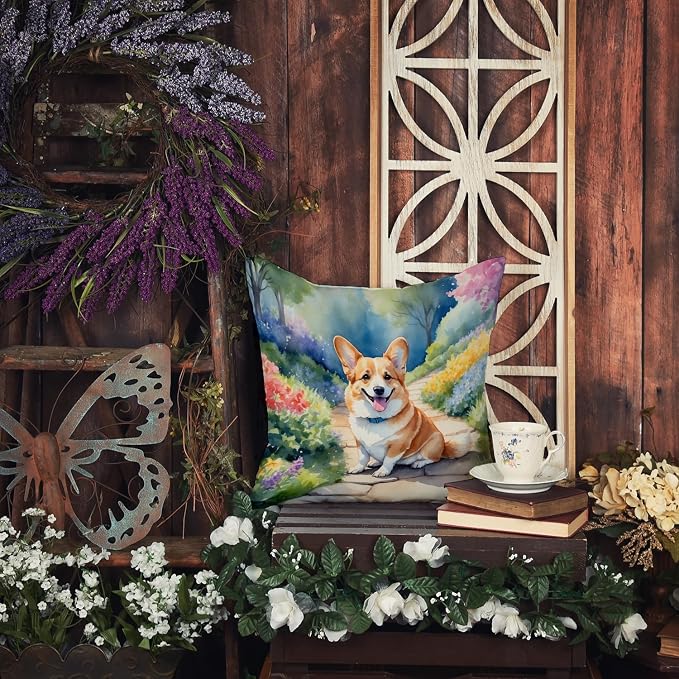 Caroline's Treasures Corgi Spring Path Throw Pillow Machine Washable, Indoor Outdoor Decorative Pillow for Couch, Bed or Patio, 18Hx18W