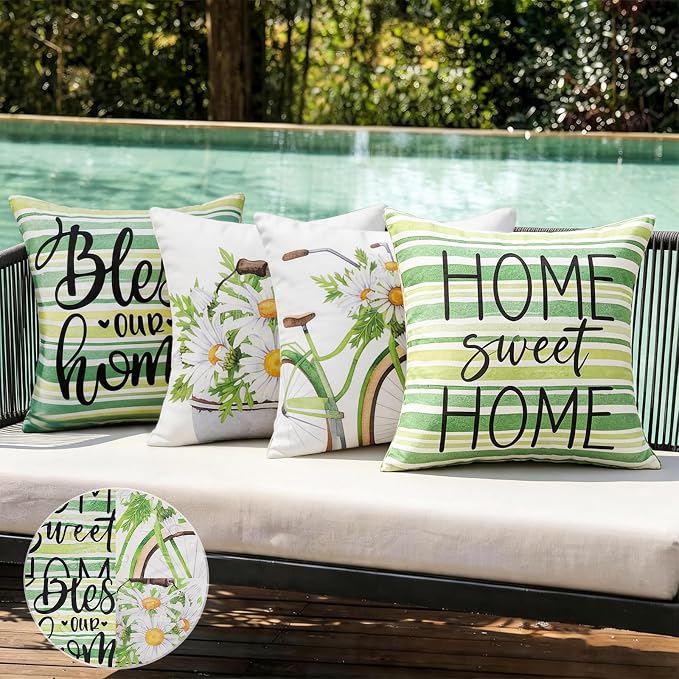 cygnus Spring Summer Waterproof Outdoor Pillow Covers 18x18 Inch Set of 4 Home Sweet Home Bless Home Daisy Striped Outdoor Pillows for Patio Furniture Garden Bench Proch Balcony,Green
