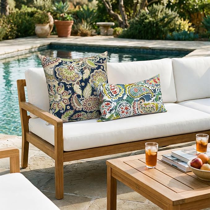 20x20 Inch Pack of 2 Patio Throw Pillow Covers ONLY, Water Repellent Cushion Cases, Square Pillowcases for Outdoor Couch Decoration, Paisley Sapphire Blue