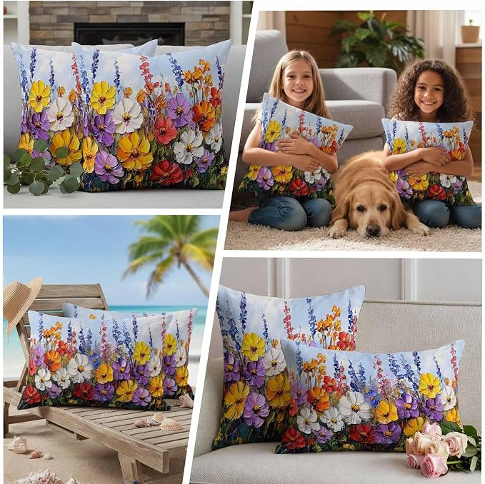 Vintage Wildflowers Waterproof Outdoor Pillow Covers Set of 2 Home Decor, Rustic Oil Painted Abstract Botanical Pillowcase Patio Pillow Covers for Couch Bench Furniture Garden 18x18in