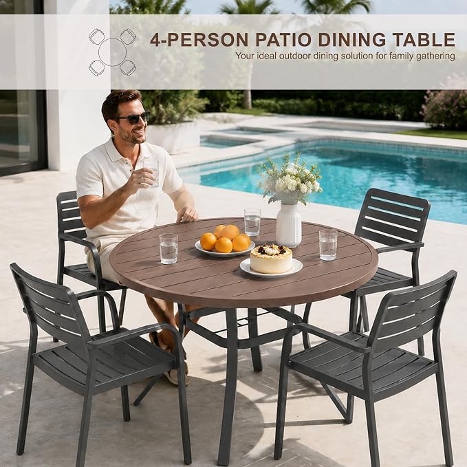 Patio Dining Table for 4,Steel Slatted Round Outdoor Table with Adjustable Umbrella Hole,41",Brown