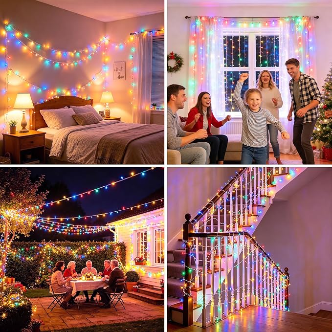 200 LED Colorful Christmas Lights Outdoor String Lights, 66 ft | Green Wire Waterproof Twinkle Fairy Lights Plug in with Timer, 8 Modes String Lights Indoor Bedroom Classroom Decor