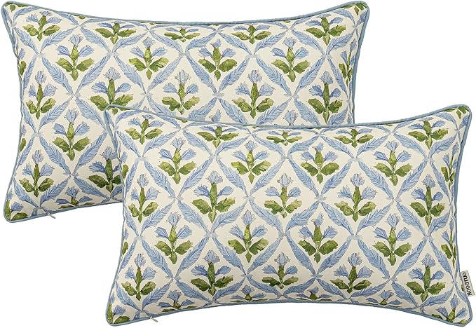 MIULEE Outdoor Floral Pillow Covers Waterproof 12x20 Blue-Green | Decorative Block Print,Boho Farmhouse, Set of 2 Coastal Summer Cushion Covers with Piping,Garden Patio Furniture Porch Couch