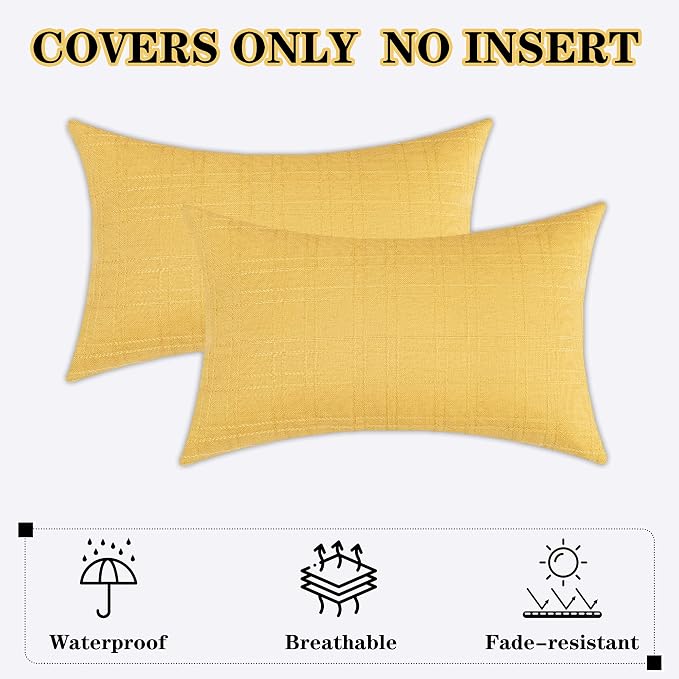 Kevin Textile Outdoor Waterproof 12”x24” Pillow Covers 2 Pack, Yellow | Water Resistant, Soft Faux Linen-cotton Yarn-dyed Woven Texture Throw Pillow Covers for Tent Patio Garden Couch Sofa