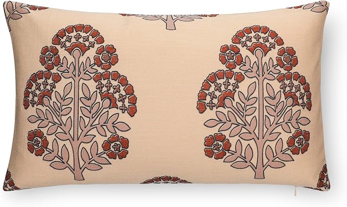 Crumbs Home Modern Farmhouse California Casual Indoor Outdoor Lumbar Pillow Cover, 12"x20" Water Repellent for Patio, Backyard, Couch, Earth Tone Tan Rust Orange Block Print Hydrangea Flowers